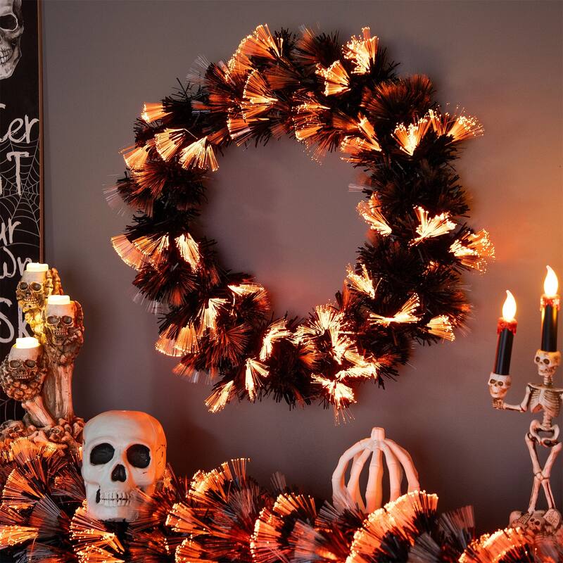 Multi-Function Fiber Optic Artificial Halloween Wreath - 24" - Black - Orange and Purple LED