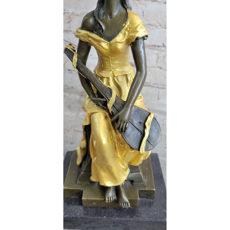 Vintage Banjo Playing Sitting Woman Sculpture Bronze Statue Figurine By Kossowski