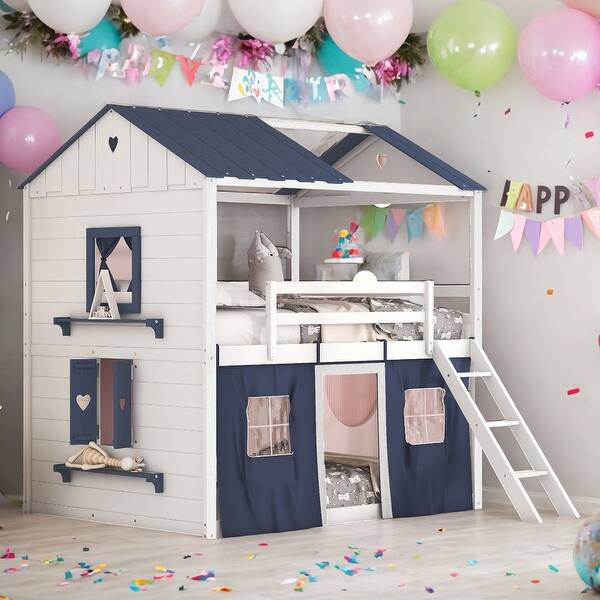 slide 2 of 18, Full Size House Kids Bunk Bed with Windows Sills and Tent, Blue+White Blue+White