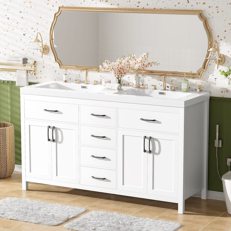 59.3"Bathroom Vanity with Solid Wood Frame, Double SMC Sink, Damping Hinges & Hidden Slides, 4 Doors, 3 Drawers, 2 Flip Drawers