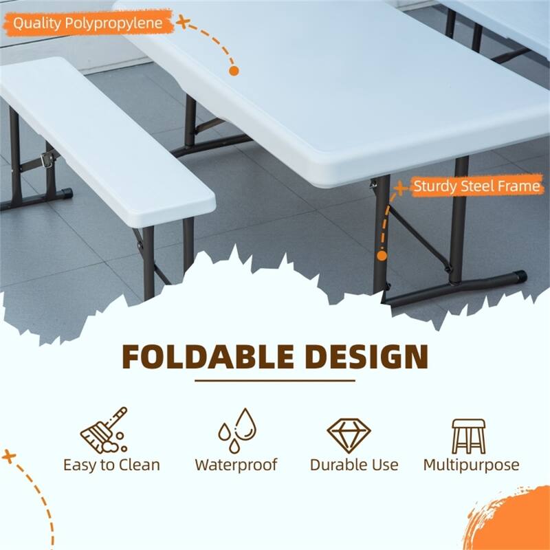 3-Piece Folding Picnic Table Set Polypropylene Plastic Steel Frame Outdoor Portable Table and Benches