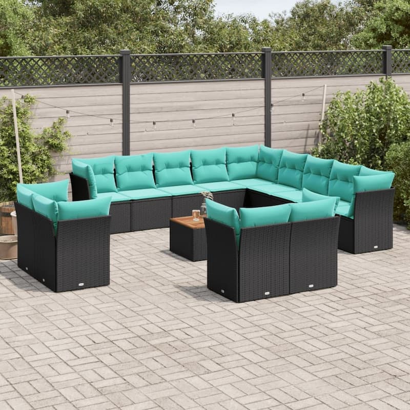 vidaXL 14 Piece Patio Sofa Set with Cushions Black Poly Rattan - 24.4 x 24.4 x 27.2