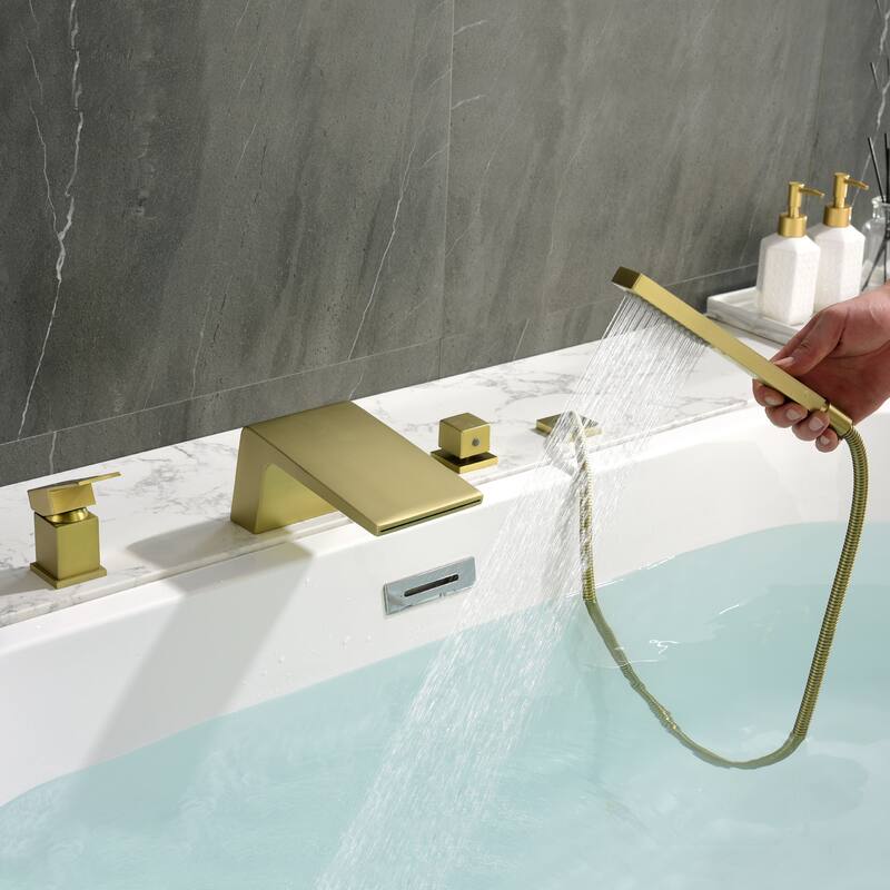 CASAINC Single-Handle Tub Mount Roman Tub Faucet with Hand Shower in Brushed Gold