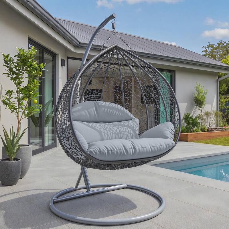 2-Person Egg Swing Chair with Grey Stainless Steel Frame, Cushioned 2-Seater Porch Swing for Outdoor and Indoor Use