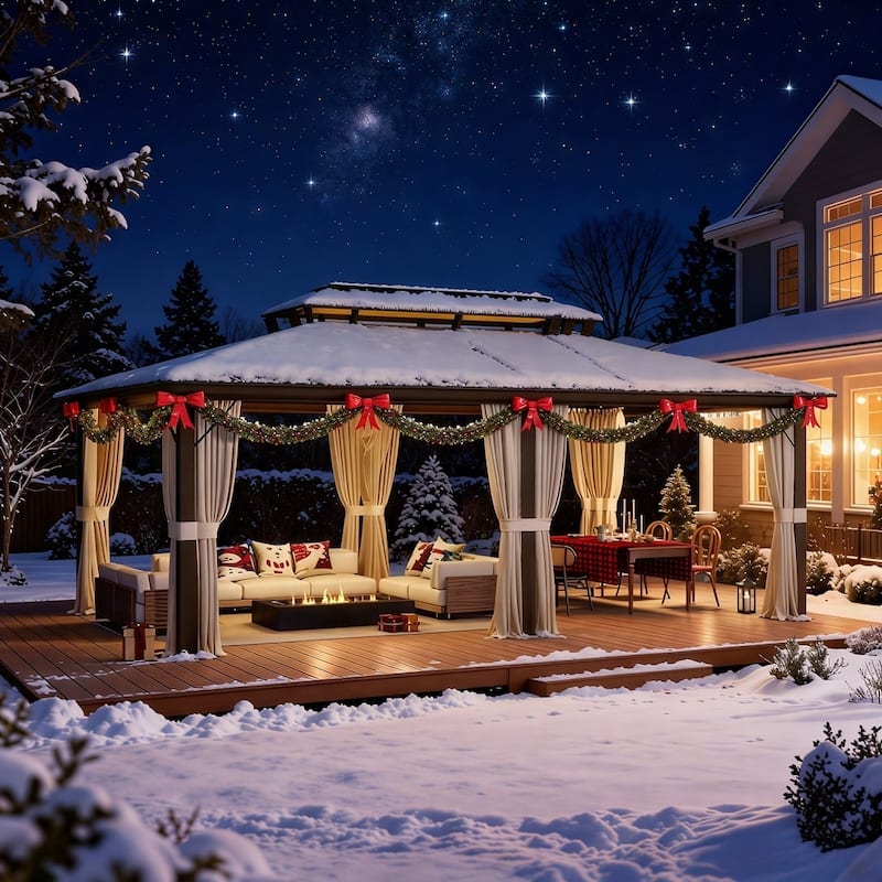 Hardtop Gazebo for Backyard – Permanent Pergola with Netting, Curtains & Double Roof, All-Weather Outdoor Shelter