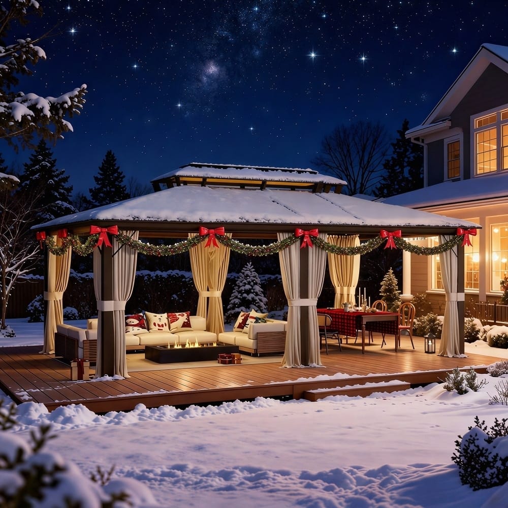 Hardtop Gazebo for Backyard – Permanent Pergola with Netting, Curtains & Double Roof, All-Weather Outdoor Shelter