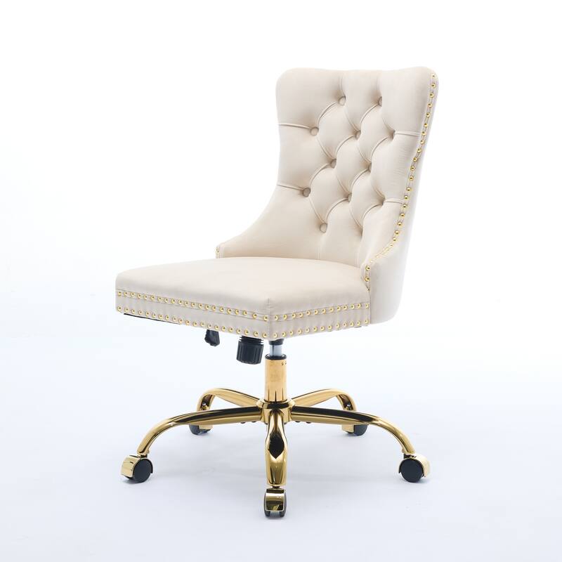 GDF Studio - Velvet Tufted Upholstered Home Office Chair with Golden Metal Base with Swivel Adjustment and Elegant Button Back