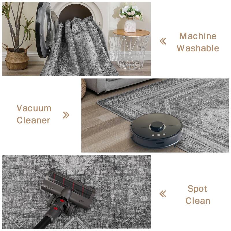 Mcow Faded Floral Vintage Low-Pile Machine Washable Non-Slip Area Rug