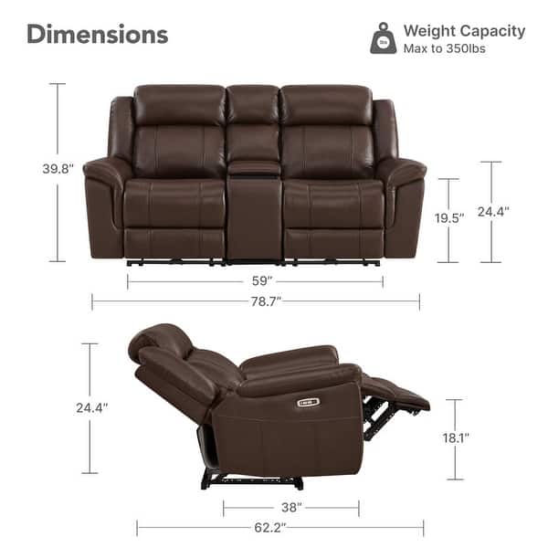 dimension image slide 7 of 8, Spruce & Spring Genuine Leather Power Reclining Sofa with Optional Console & Flip-Down Table