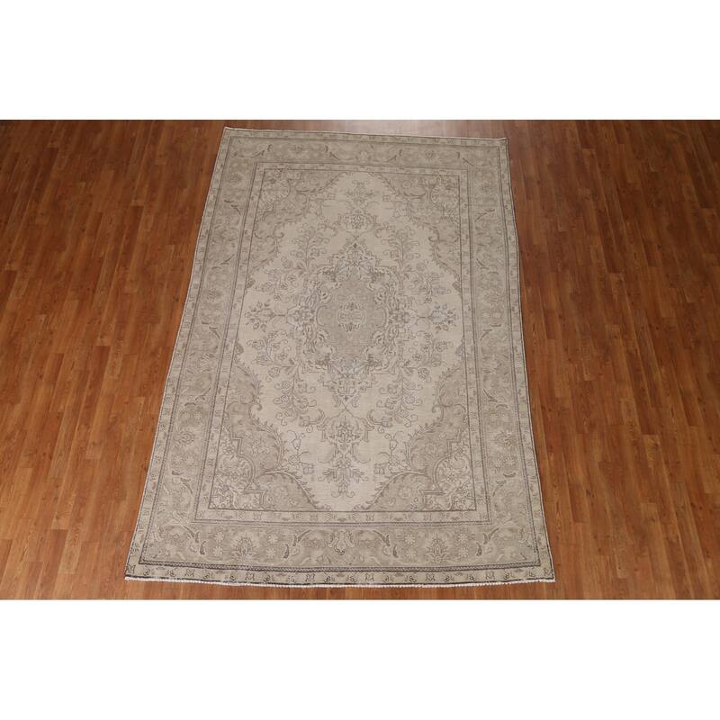 Hand Knotted Oriental 100% Wool Carpet Traditional Medallion Beige & Ivories Tabriz Area Rug - 9' 4'' X 6' 3''