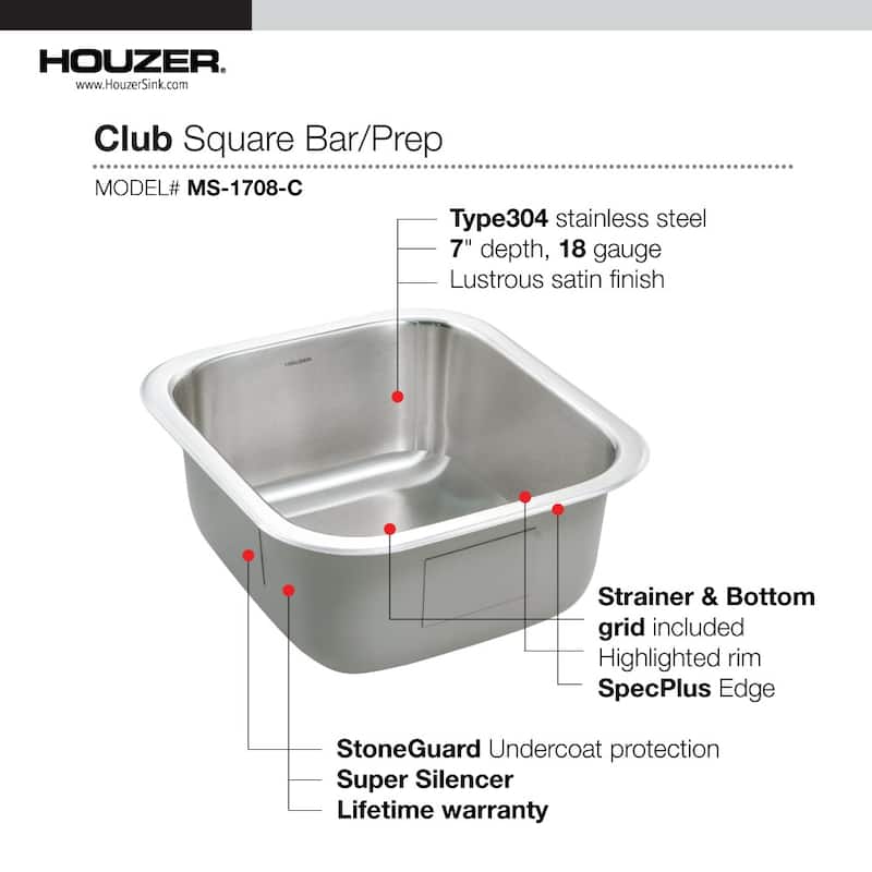 Houzer MS-1708-C Club 16-1/4" Undermount Single Basin Stainless Steel - Stainless Steel