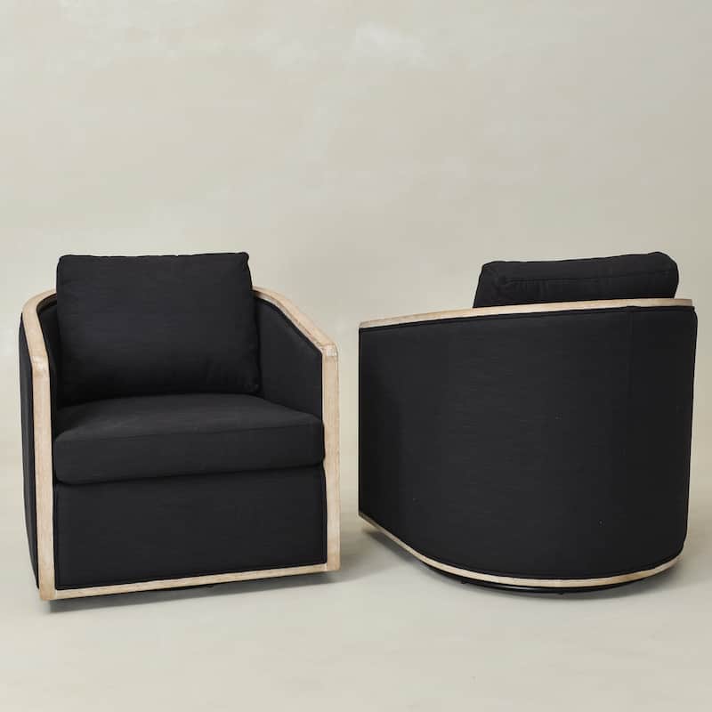 KINWELL 31"W Oak Frame Upholstered Swivel Barrel Armchair