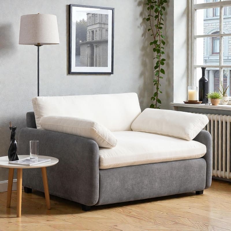 50" Oversized Chenille Accent Chair, Wide Deep Seat Upholstered Armchair with Pillows - Grey+Cream