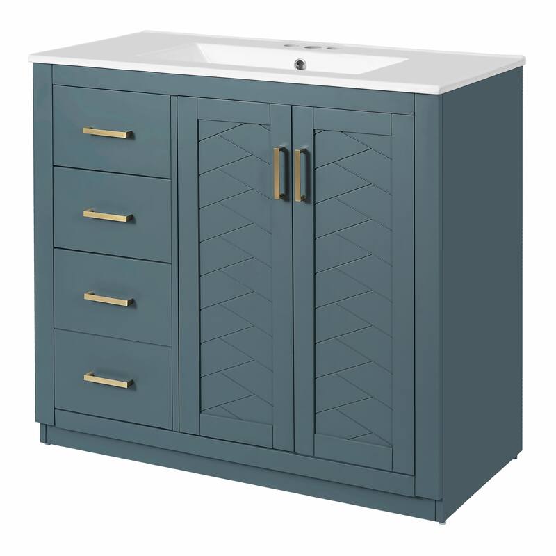 36'' Bathroom Vanity with Ceramic Sink Combo, Solid Wood Frame Bathroom Storage Cabinet