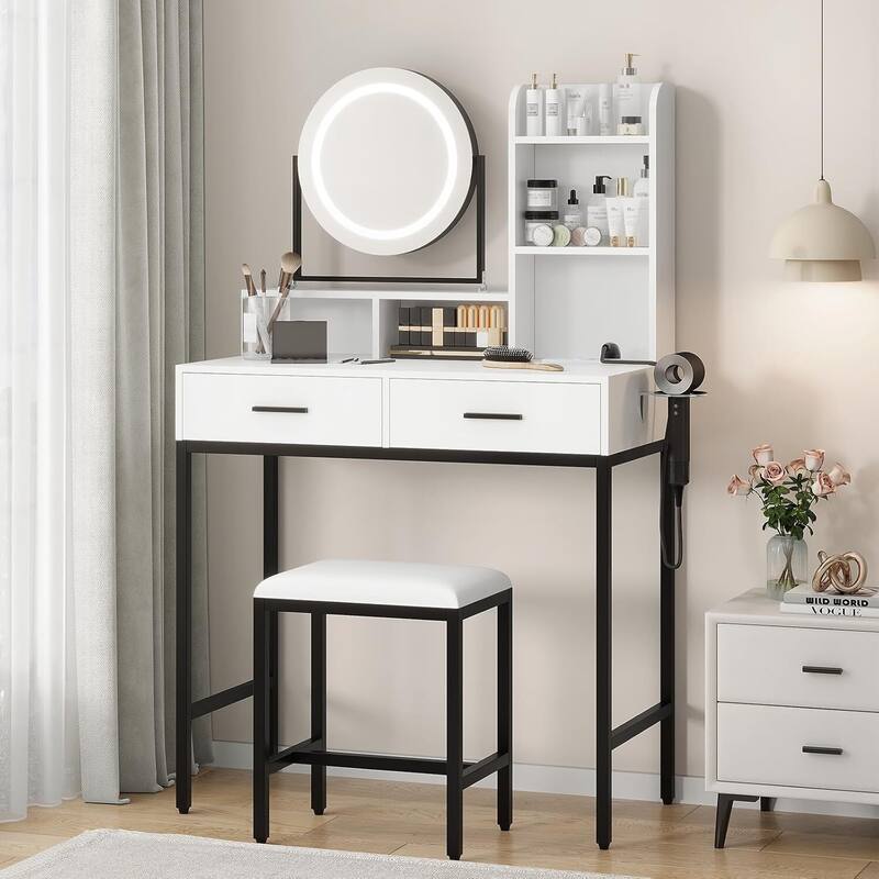 2 Drawer Makeup Vanity Desk Set with Mirror and Light for Bedroom, Dressing Room - Black