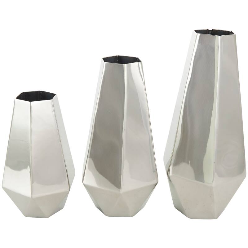Silver or Gold Stainless Steel Metal Hexagon Shaped Geometric Vase with Varying Heights (Set of 3)