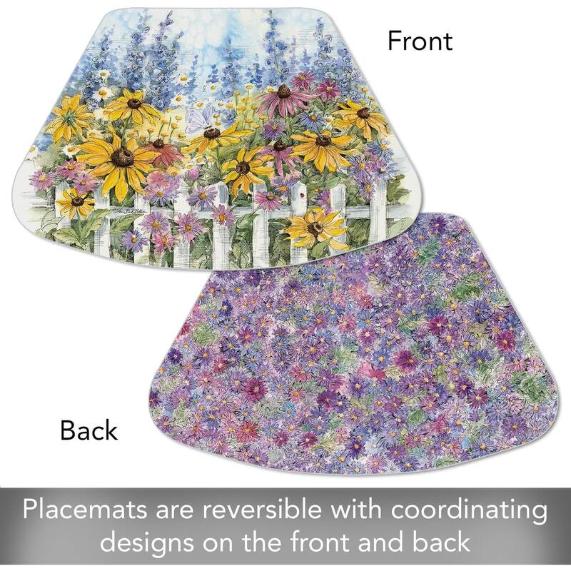 Springtime Garden Wedge Shaped Flexible Plastic Placemat 4 Pack Made in The USA 17.75" x 11.25" Reversible, Wipes Clean