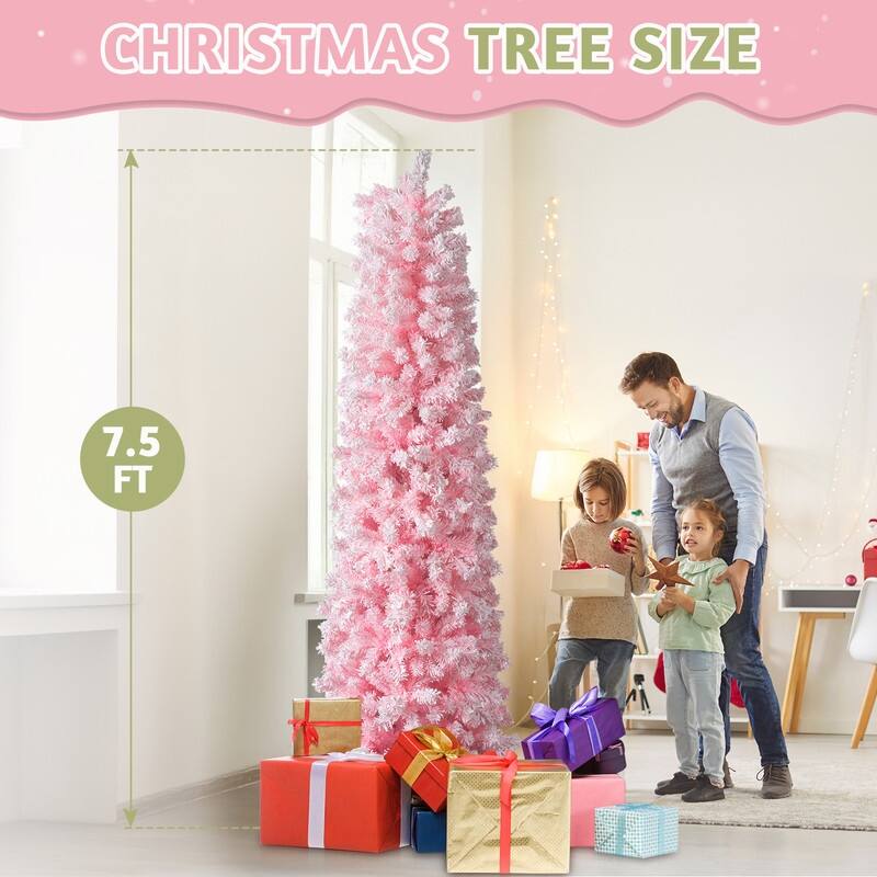 7.5 FT Snow Flocked Hinged Artificial Pencil Pink Christmas Tree - 7.5FT