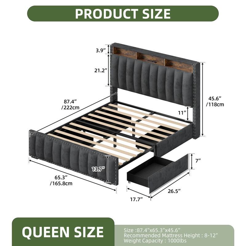Full / Queen / King Size Platform Bed Frame with Upholstered Storage Headboard and 4 Drawers - Grey - Queen