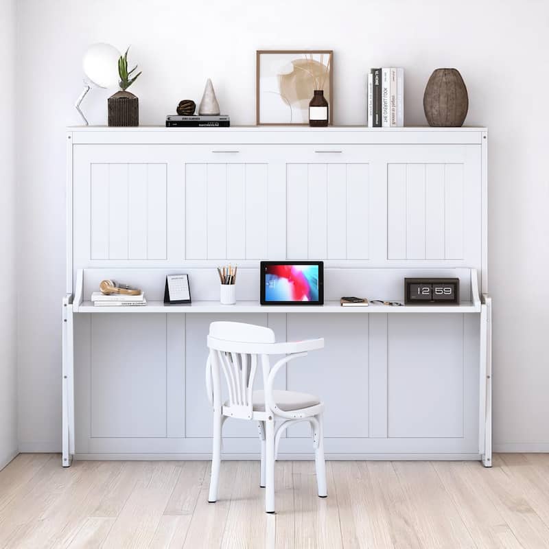 Full/Queen Size Murphy Bed with Hydraulic Lift, Fold-Down Desk & Storage, Space-Saving Wall Bed Design - White - Full