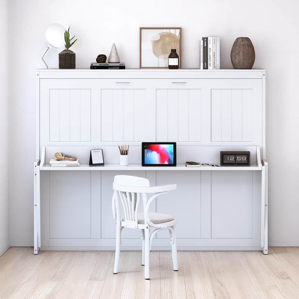 Full/Queen Size Murphy Bed with Hydraulic Lift, Fold-Down Desk & Storage, Space-Saving Wall Bed Design