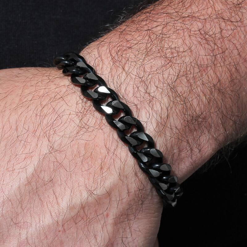 Steel Nation Stainless Steel Black Finish Beveled Curb Bracelet and Chain Set