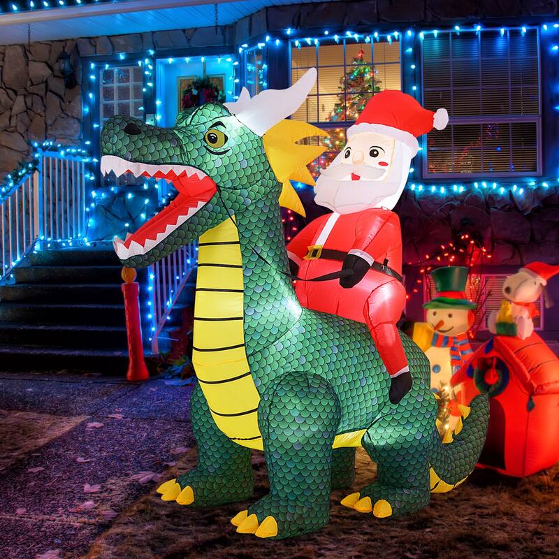 6.7 FT Santa Riding Dinosaur Inflatable Christmas Decoration with LED Lights and Blower - 6.7 ft x 3 ft x 6 ft