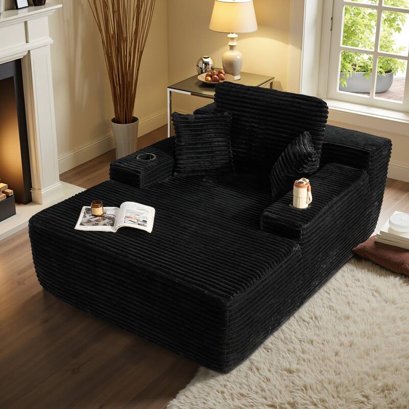 OVIOS Plush Convertible Floor Lounge Sofa with Cup Holder - Plush Black