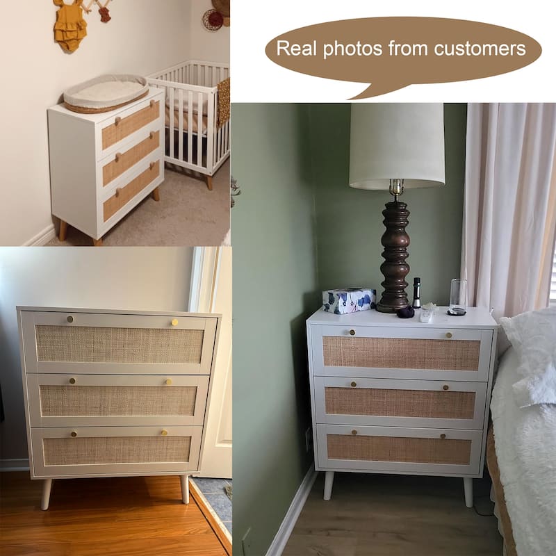 Anmytek Mid-Century Modern 3-Drawer White Dresser Rattan Chest of Drawers Storage Organizer for Bedroom