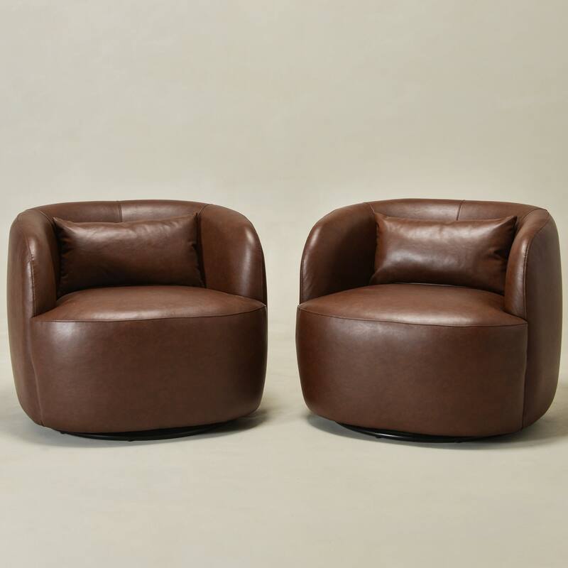 KINWELL 34" Wide Swivel Faux Leather Barrel Armchair Upholstered PU Leather Accent Chairs for Living Room Office Lounge - Dark Brown - Set of 2