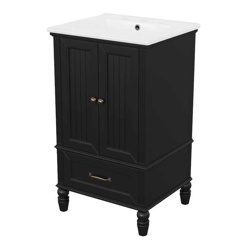 Bathroom Vanity with Sink, Small Solid Wood Bathroom Vanity, Freestanding Bathroom Cabinet with 2 Doors & 1 Drawer