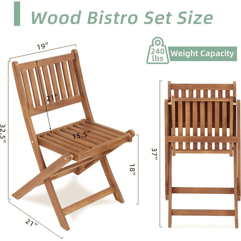Modern 3-Piece Dining Set with Round Folding Table & 2 Slat Back Chairs