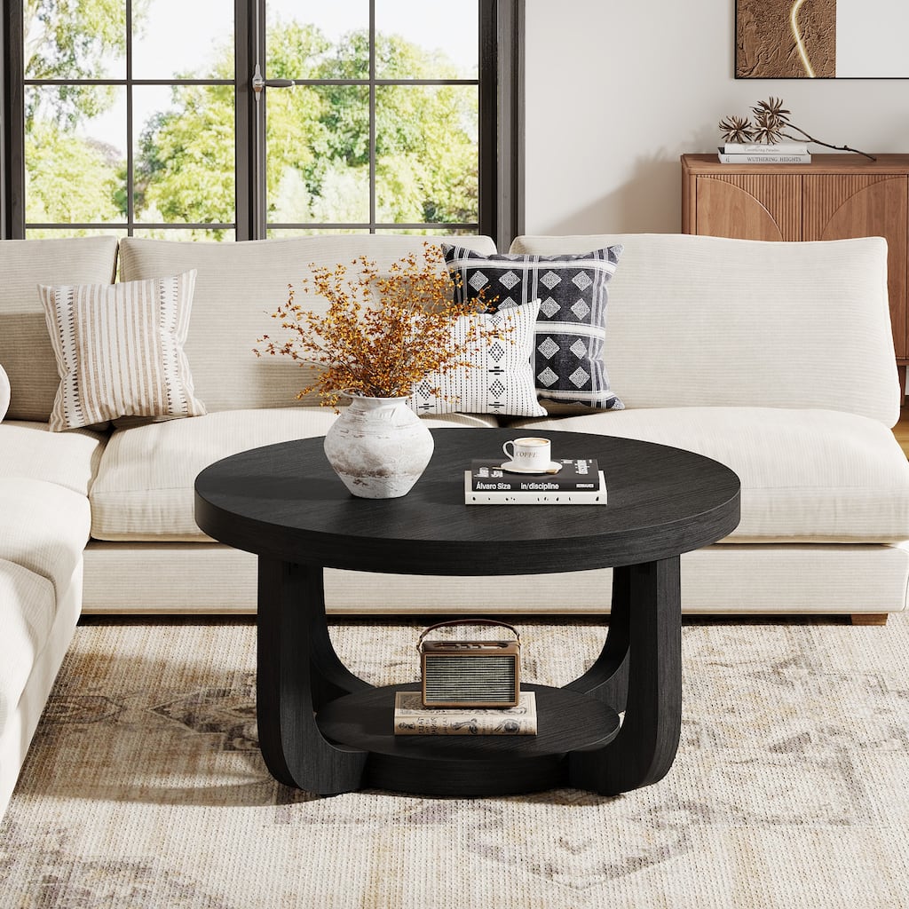 2-Tier Round Coffee Table, Wooden Accent Center Table for Living Room, Brown - Large