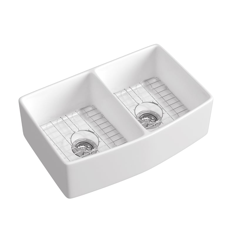 Premium White Fireclay Curved Apron Front Kitchen Sink for Home, Farmhouse (Grid & Strainer Included)