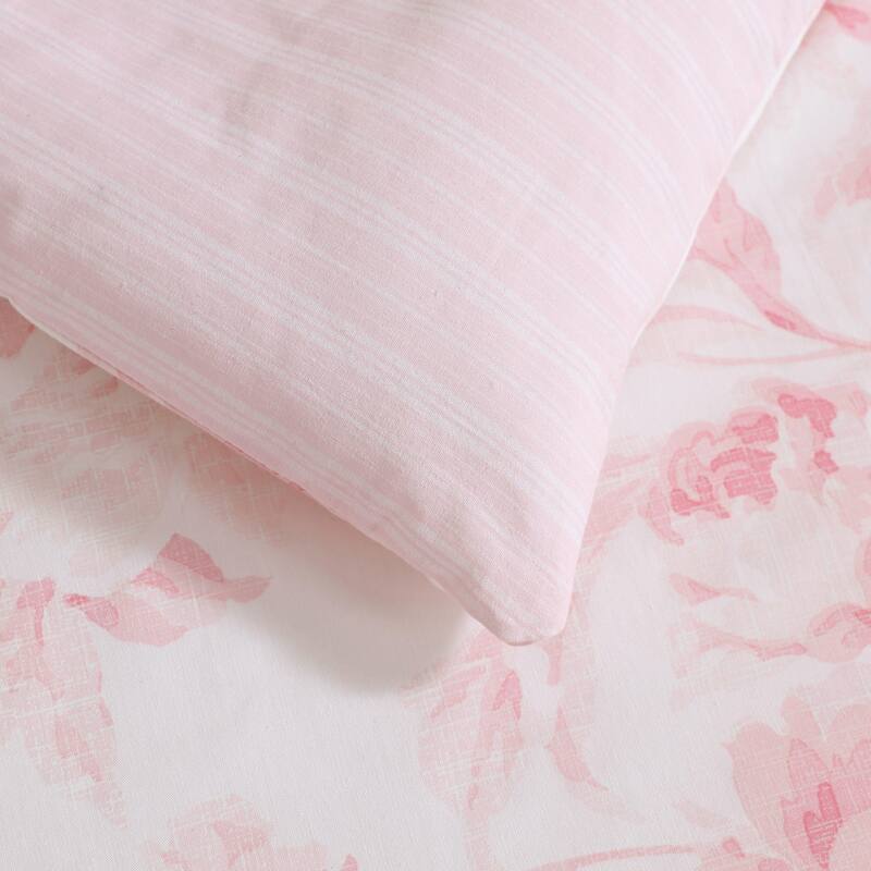 Laura Ashley Anja Textured Toile Floral All Season Cotton Comforter Set with Solid Reverse (Pink)