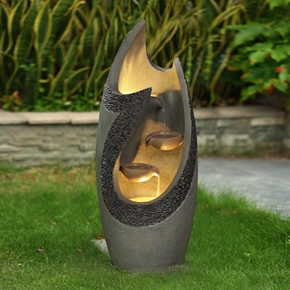 Grey and Brown Cement Modern Outdoor Fountain with LED Lights