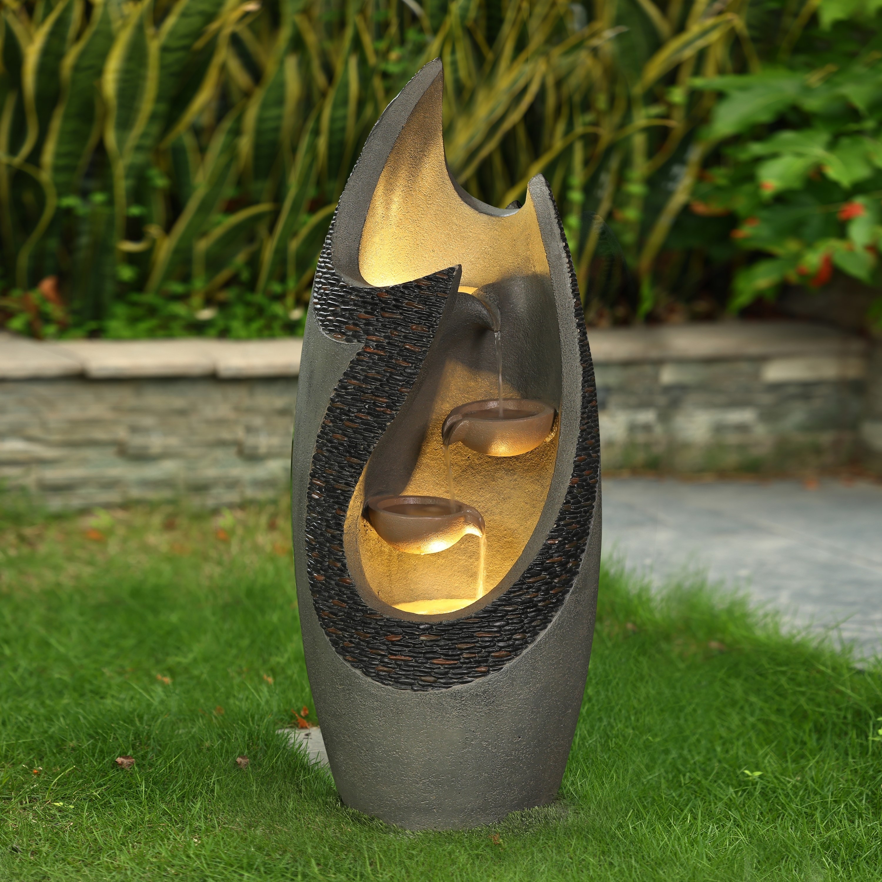 Resin Modern Tiered Patio Fountain with LED Lights - 37" H x 15" W x 15" D