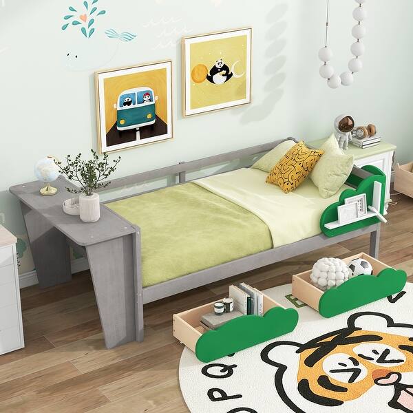 slide 2 of 9, Twin Size Daybed with Desk, Green Leaf Shape Drawers and Shelves Grey