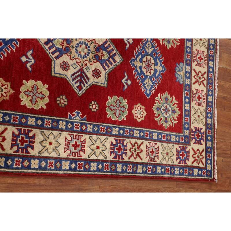 Red Geometric Kazak Oriental Foyer Rug Handmade Wool Carpet - 3'5" x 5'1"