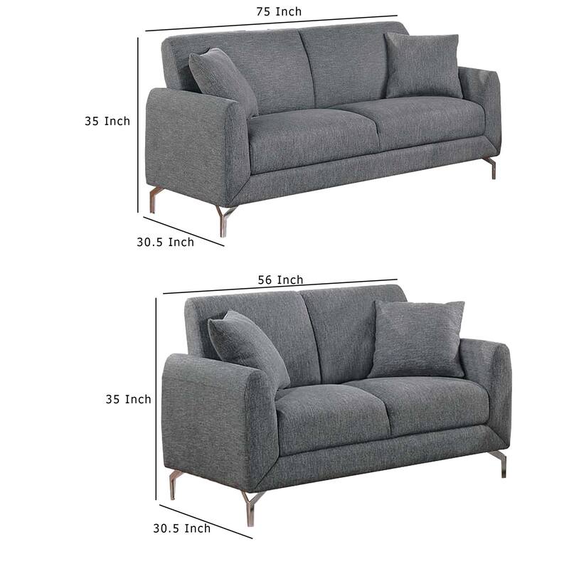 Rena 2pc Sofa and Loveseat Set, 2 Pillows, Dark Gray Burlap Fabric