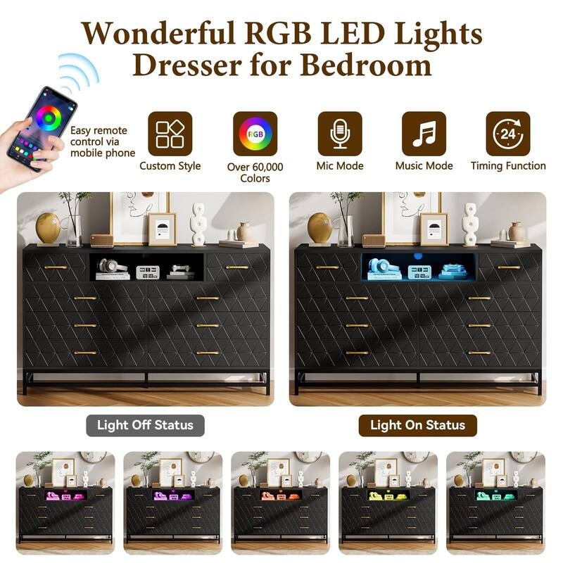 8 Drawer Dresser with LED Light and Power Outlet, Modern Storage Dresser and 55" TV Stand