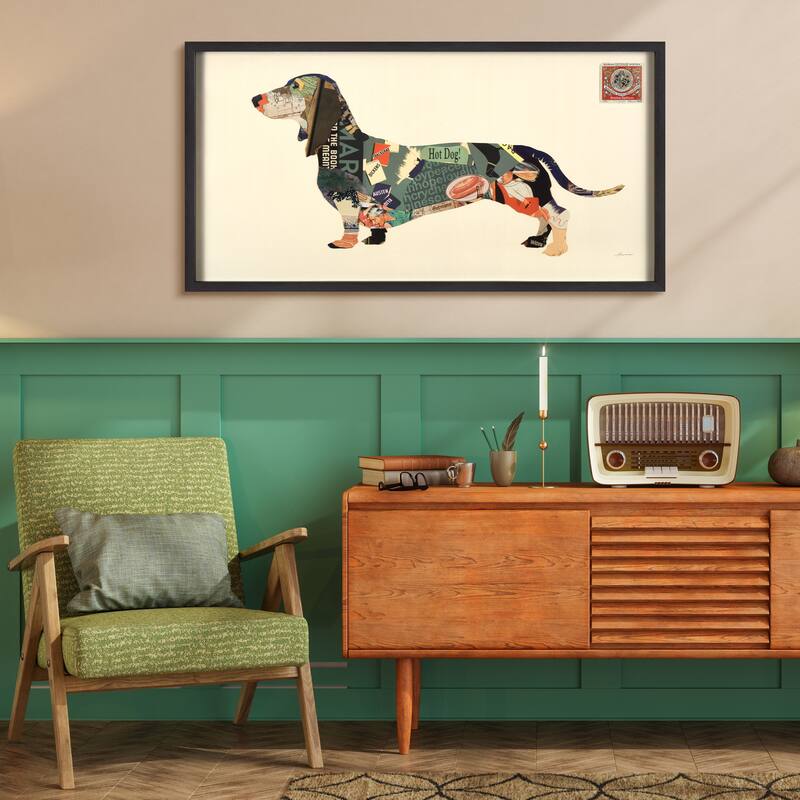 "Dachshund" Alex Zeng's dimensional collage, under glass & a black shadow box frame