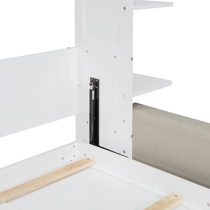 Queen Size Murphy Bed with Sofa, Folding Bed Frame Cabinet Wall Bed with Shelves and Top Lights