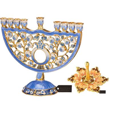 Matashi Hand Painted Blue Enamel Pomegranate Design Menorah Candelabra & Spinning Dreidel Hanukkah Holiday Ornaments w/ Crystals