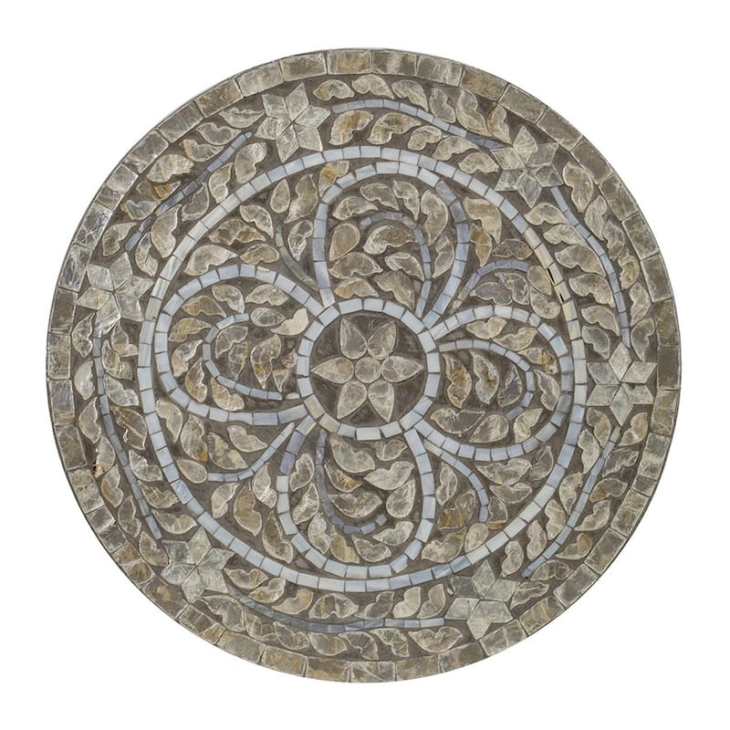 19 Inch Luxury Accent Table Stool, Star Foliage Pattern, Gray and Brown