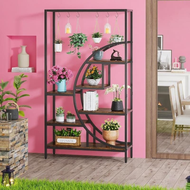 Black-Brown Powder Coated Iron 7-Tier Indoor Plant Stand with Hooks - 39.37” x 11.81” x 70.87”