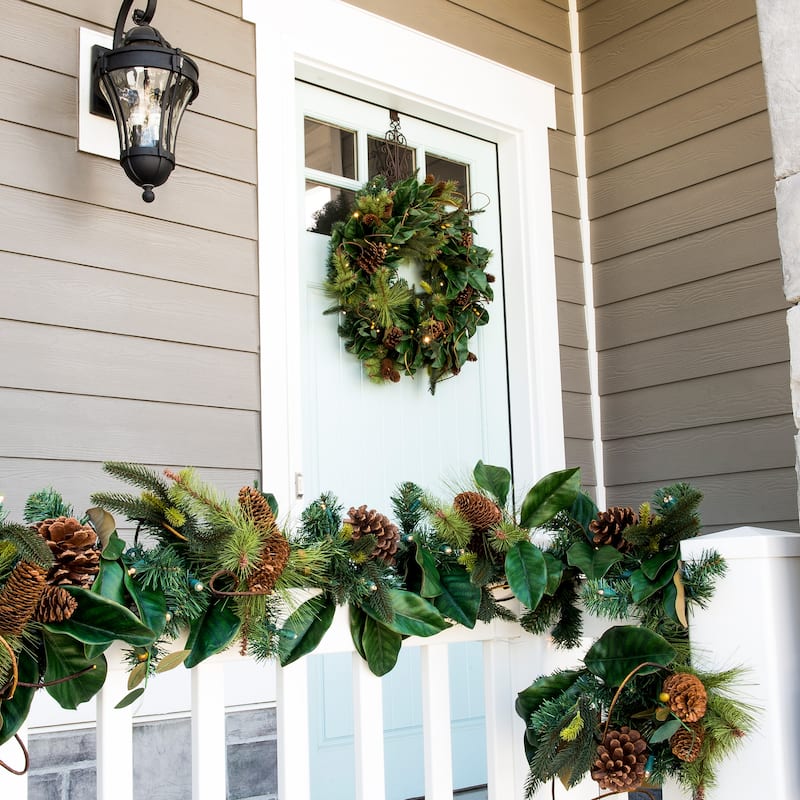 9 ft. Artificial Garland with Lights - Magnolia Leaf - Green