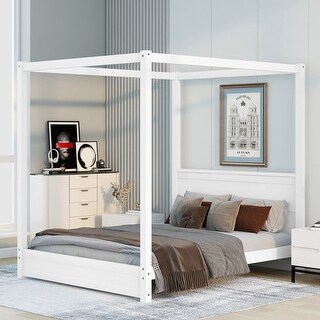 Wooden Queen Size Canopy Platform Kids Bed Frame with Slide Rail for Curtains, Support Legs, Modern Headboard Design, White