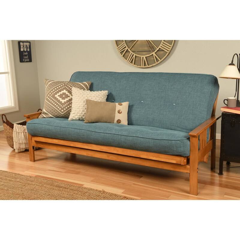 79 in. Butternut/Linen Aqua Linen Upholstered Full Size Futon Set with Mattress