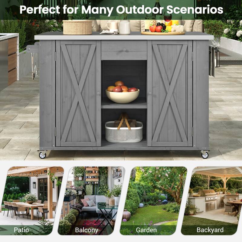 Outdoor Kitchen Island with Foldable Stainless Steel Top & Bottle Opener, Fir Wood Kitchen Island with Shelves and Towel Racks